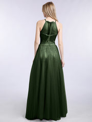 Illusion Neckline Long Tulle Dress-Olive Green Plus Size