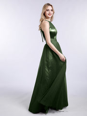 Illusion Neckline Long Tulle Dress-Olive Green Plus Size