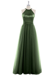 Illusion Neckline Long Tulle Dress-Olive Green Plus Size