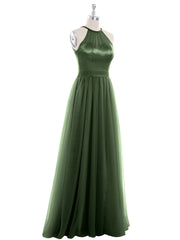 Illusion Neckline Long Tulle Dress-Olive Green Plus Size