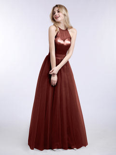 Illusion Neckline Long Tulle Dress-Terracotta Plus Size