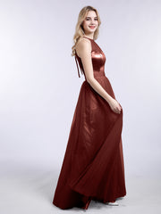 Illusion Neckline Long Tulle Dress-Terracotta Plus Size