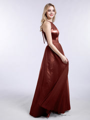 Illusion Neckline Long Tulle Dress-Terracotta