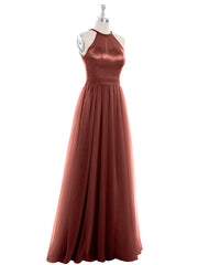 Illusion Neckline Long Tulle Dress-Terracotta