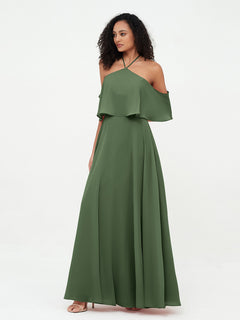 Halter Off the Shoulder Max Dresses with Pockets-Olive Green