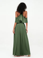 Halter Off the Shoulder Max Dresses with Pockets-Olive Green