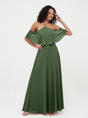 Halter Off the Shoulder Max Dresses with Pockets-Olive Green Plus Size