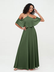 Halter Off the Shoulder Max Dresses with Pockets-Olive Green