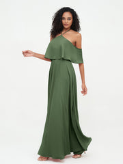 Halter Off the Shoulder Max Dresses with Pockets-Olive Green
