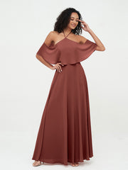 Halter Off the Shoulder Max Dresses with Pockets-Terracotta