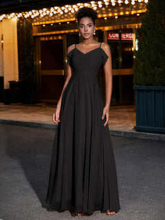 Spaghetti Strap Chiffon Bridesmaid Gowns-Black