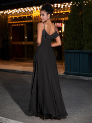 Spaghetti Strap Chiffon Bridesmaid Gowns-Black