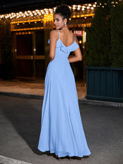 Spaghetti Strap Chiffon Bridesmaid Gowns-Blue
