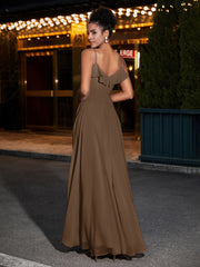 Spaghetti Strap Chiffon Bridesmaid Gowns-Brown