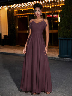 Spaghetti Strap Chiffon Bridesmaid Gowns-Cabernet