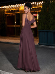 Spaghetti Strap Chiffon Bridesmaid Gowns-Cabernet