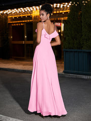 Spaghetti Strap Chiffon Bridesmaid Gowns-Candy Pink