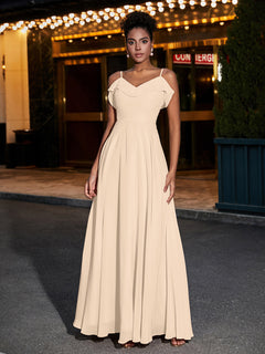 Spaghetti Strap Chiffon Bridesmaid Gowns-Champagne