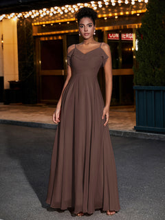 Spaghetti Strap Chiffon Bridesmaid Gowns-Chocolate