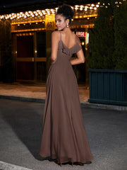 Spaghetti Strap Chiffon Bridesmaid Gowns-Chocolate