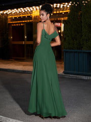 Spaghetti Strap Chiffon Bridesmaid Gowns-Dark Green