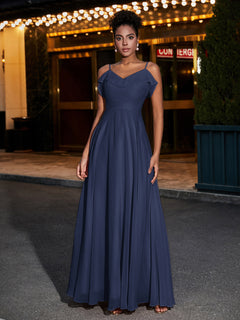 Spaghetti Strap Chiffon Bridesmaid Gowns-Dark Navy