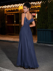 Spaghetti Strap Chiffon Bridesmaid Gowns-Dark Navy