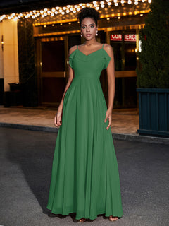 Spaghetti Strap Chiffon Bridesmaid Gowns-Emerald