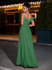 Spaghetti Strap Chiffon Bridesmaid Gowns-Emerald