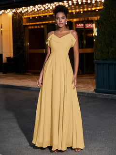 Spaghetti Strap Chiffon Bridesmaid Gowns-Gold