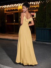 Spaghetti Strap Chiffon Bridesmaid Gowns-Gold