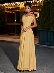 Spaghetti Strap Chiffon Bridesmaid Gowns-Gold