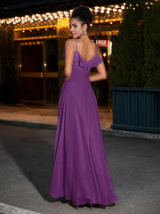 Spaghetti Strap Chiffon Bridesmaid Gowns-Grape