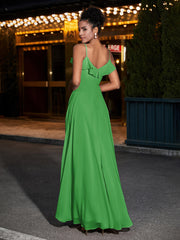 Spaghetti Strap Chiffon Bridesmaid Gowns-Green