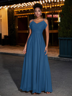 Spaghetti Strap Chiffon Bridesmaid Gowns-Ink Blue