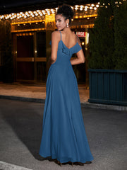 Spaghetti Strap Chiffon Bridesmaid Gowns-Ink Blue