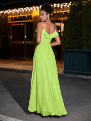 Spaghetti Strap Chiffon Bridesmaid Gowns-Lime Green