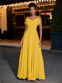 Spaghetti Strap Chiffon Bridesmaid Gowns-Marigold