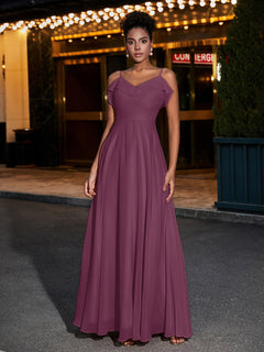 Spaghetti Strap Chiffon Bridesmaid Gowns-Mulberry