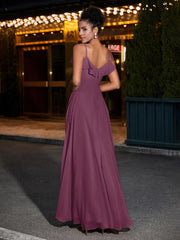 Spaghetti Strap Chiffon Bridesmaid Gowns-Mulberry
