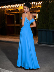 Spaghetti Strap Chiffon Bridesmaid Gowns-Ocean Blue