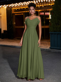 Spaghetti Strap Chiffon Bridesmaid Gowns-Olive Green