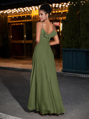 Spaghetti Strap Chiffon Bridesmaid Gowns-Olive Green