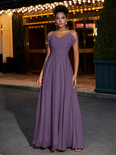 Spaghetti Strap Chiffon Bridesmaid Gowns-Plum