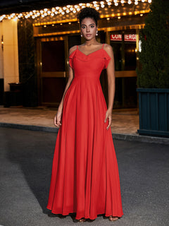 Spaghetti Strap Chiffon Bridesmaid Gowns-Red