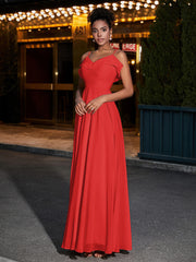 Spaghetti Strap Chiffon Bridesmaid Gowns-Red