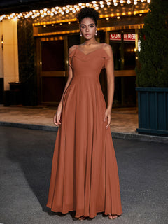 Spaghetti Strap Chiffon Bridesmaid Gowns-Rust