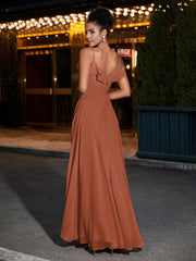 Spaghetti Strap Chiffon Bridesmaid Gowns-Rust
