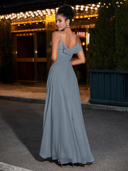 Spaghetti Strap Chiffon Bridesmaid Gowns-Slate Blue