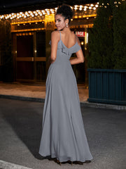 Spaghetti Strap Chiffon Bridesmaid Gowns-Steel Grey